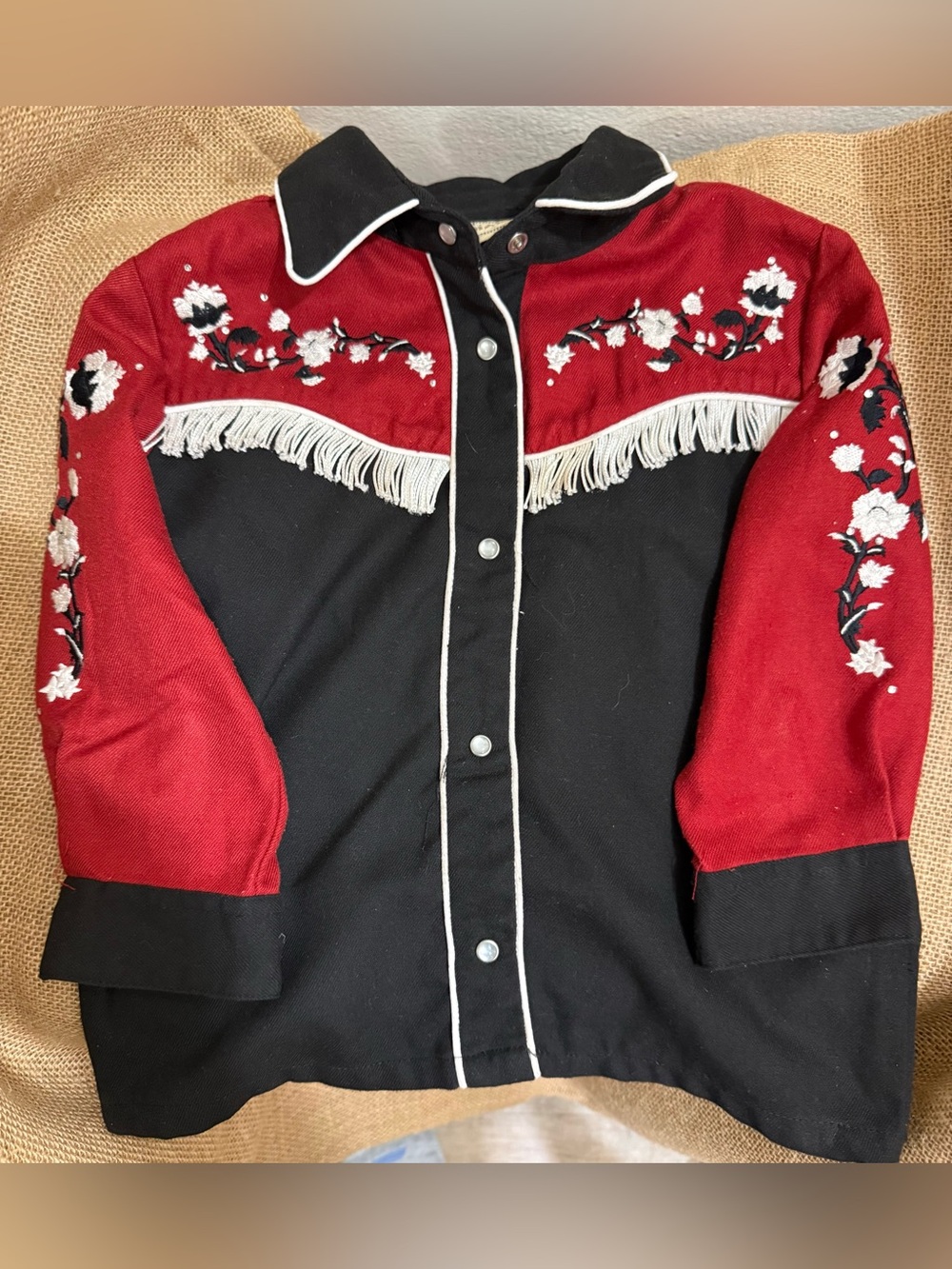 Girls' Red and Black Western Fringe Snap-Down Shirt Rhinestone Accents